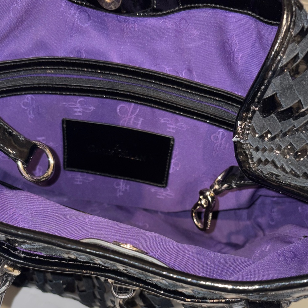 Cole Haan Black Woven Patent Leather & Suede Shoulder Bag, Purple Lining. - Picture 9 of 9